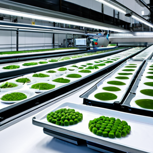Home 19 A highly advanced, fully automated Chinese frozen food production facility. Robotic arms precisely forming perfectly shaped dim sum with plant-based fillings and functional ingredients like spirulina. Bright, clean industrial environment with smart screens displaying AI quality control data. Conveyor belts moving neatly packaged products into a modern cold chain storage area. Professional industrial photography, high resolution, cutting-edge technology, clean lines, well-formed machinery parts, professional lighting. safe for work, appropriate content, fully clothed, professional environment, perfect anatomy, correct proportions, natural pose, professional.