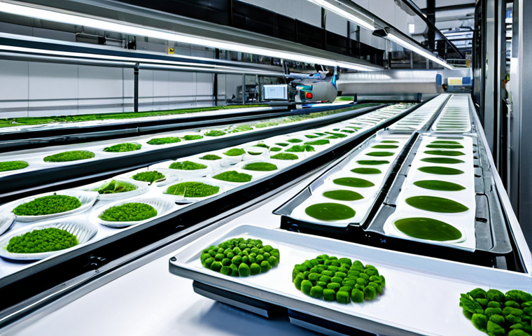 A highly advanced, fully automated Chinese frozen food production facility. Robotic arms precisely forming perfectly shaped dim sum with plant-based fillings and functional ingredients like spirulina. Bright, clean industrial environment with smart screens displaying AI quality control data. Conveyor belts moving neatly packaged products into a modern cold chain storage area. Professional industrial photography, high resolution, cutting-edge technology, clean lines, well-formed machinery parts, professional lighting. safe for work, appropriate content, fully clothed, professional environment, perfect anatomy, correct proportions, natural pose, professional.