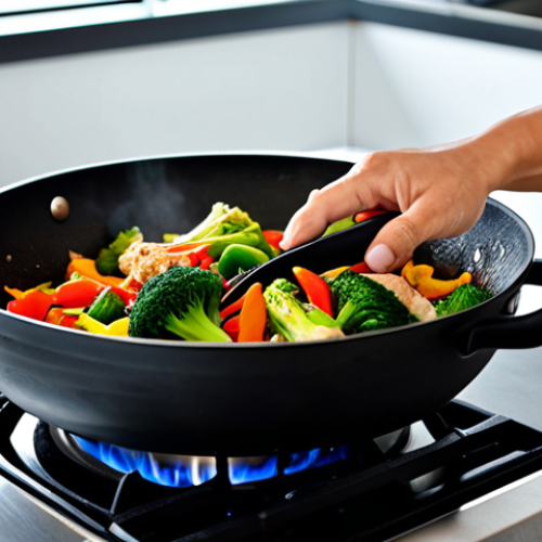 Home 18 A professional chef, fully clothed in a modest chef's uniform, expertly stir-frying vibrant fresh vegetables like broccoli, bell peppers, carrots, and bok choy with lean chicken breast in a steaming wok. The setting is a clean, modern kitchen with bright, natural light. Professional photography, high quality, perfect anatomy, correct proportions, natural pose, well-formed hands, proper finger count, natural body proportions, safe for work, appropriate content, fully clothed, professional dress, family-friendly.