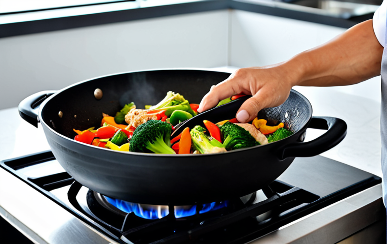 A professional chef, fully clothed in a modest chef's uniform, expertly stir-frying vibrant fresh vegetables like broccoli, bell peppers, carrots, and bok choy with lean chicken breast in a steaming wok. The setting is a clean, modern kitchen with bright, natural light. Professional photography, high quality, perfect anatomy, correct proportions, natural pose, well-formed hands, proper finger count, natural body proportions, safe for work, appropriate content, fully clothed, professional dress, family-friendly.