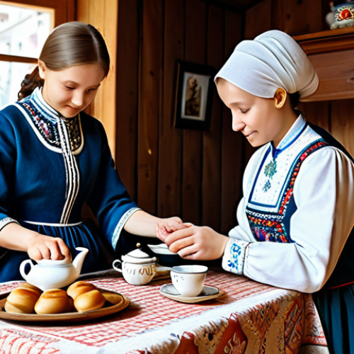 Home 17 Traditional Russian Tea Ceremony**
A family-friendly scene depicting a traditional Russian tea ceremony. A samovar steams gently on a table covered with a beautifully embroidered tablecloth. A mother and daughter, both fully clothed in modest, traditional Russian dresses (sarafans), are pouring tea into delicate porcelain cups. Plates of blini, honey, and jam are arranged on the table. The background shows a cozy, wood-paneled room with a traditional Russian stove (pechka). Soft, natural lighting. Safe for work, appropriate content, fully clothed, professional, modest, perfect anatomy, correct proportions, natural pose, well-formed hands, proper finger count, natural body proportions, high quality.
**