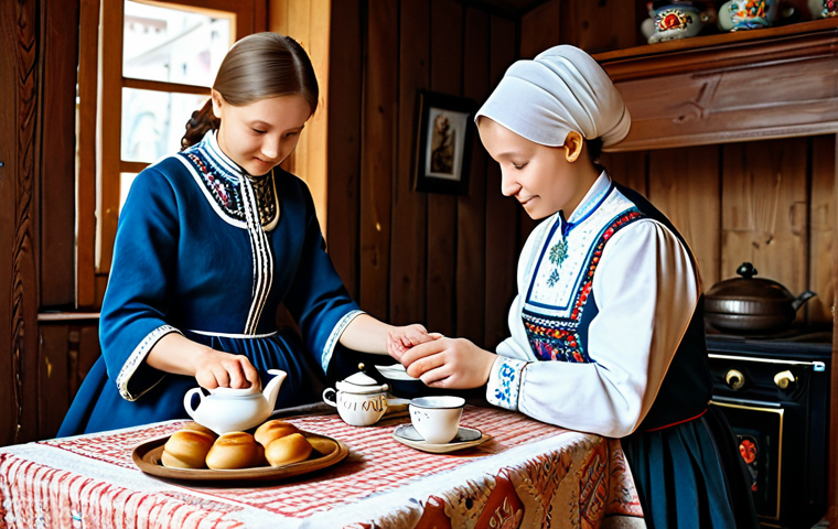 Traditional Russian Tea Ceremony**

A family-friendly scene depicting a traditional Russian tea ceremony. A samovar steams gently on a table covered with a beautifully embroidered tablecloth. A mother and daughter, both fully clothed in modest, traditional Russian dresses (sarafans), are pouring tea into delicate porcelain cups. Plates of blini, honey, and jam are arranged on the table. The background shows a cozy, wood-paneled room with a traditional Russian stove (pechka). Soft, natural lighting. Safe for work, appropriate content, fully clothed, professional, modest, perfect anatomy, correct proportions, natural pose, well-formed hands, proper finger count, natural body proportions, high quality.

**