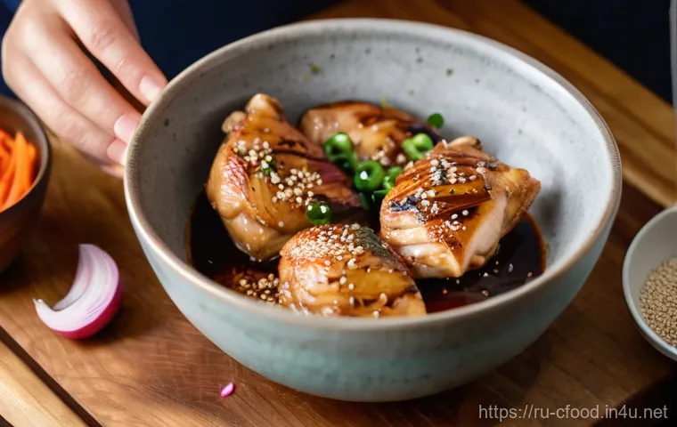 유린기 조리법 - A close-up shot of boneless chicken thighs, fresh and pink, being gently massaged with a simple mari...