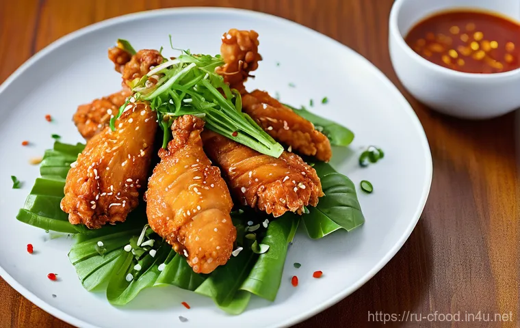 유린기 조리법 - A dynamic shot capturing the "double breading" process for crispy chicken. In the foreground, hands ...