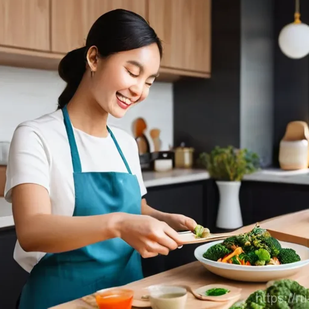 중식 밀키트 브랜드 - **Prompt:** A cozy, well-lit home kitchen in a modern Russian apartment. A young woman, dressed in c...
