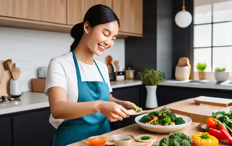중식 밀키트 브랜드 - **Prompt:** A cozy, well-lit home kitchen in a modern Russian apartment. A young woman, dressed in c...