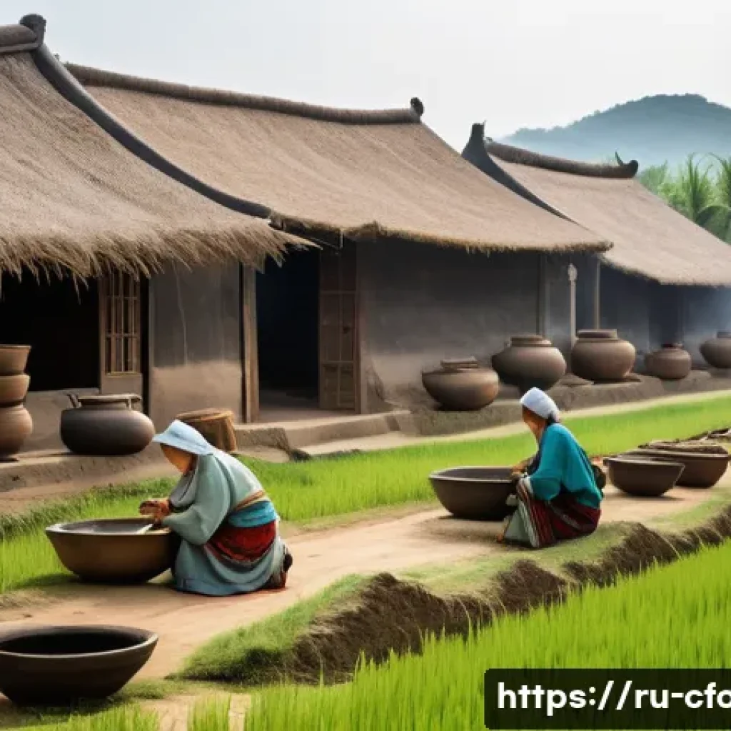 중국 요리 역사 - **Ancient Neolithic Chinese Farming and Cooking**:
"A wide shot capturing a serene Neolithic Chi...
