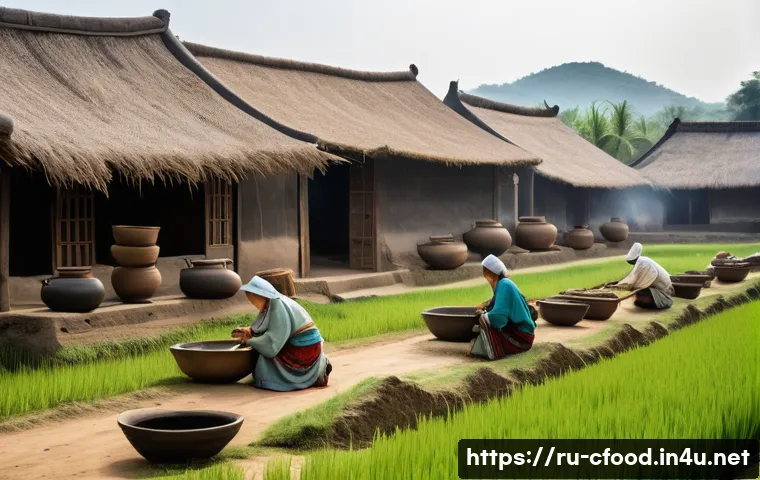 중국 요리 역사 - **Ancient Neolithic Chinese Farming and Cooking**:
"A wide shot capturing a serene Neolithic Chi...