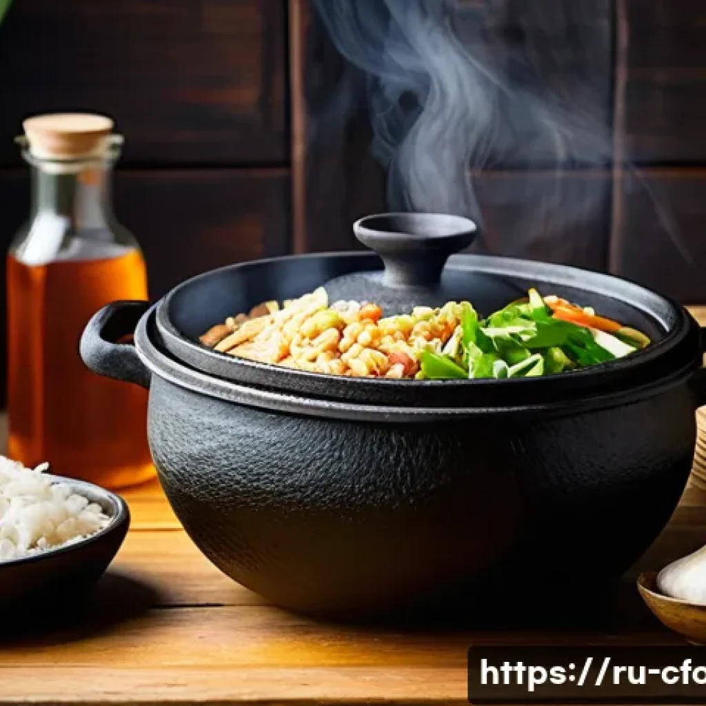 중국 요리 냄비 추천 - A traditional cast iron Chinese cooking pot with thick bottom and enamel coating, sitting on a rusti...