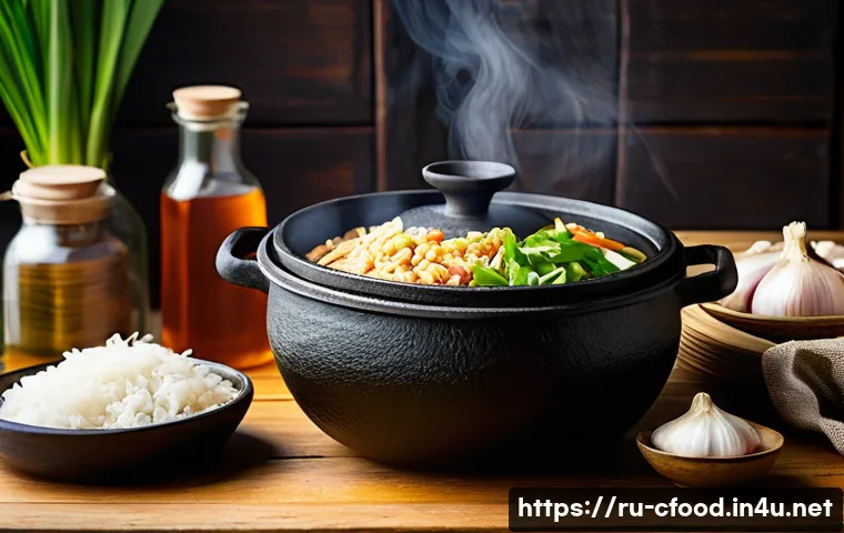 중국 요리 냄비 추천 - A traditional cast iron Chinese cooking pot with thick bottom and enamel coating, sitting on a rusti...