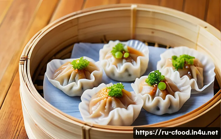 중식당 셰프 추천 메뉴 - A vibrant, close-up image of a traditional Chinese dim sum basket filled with assorted steamed dumpl...