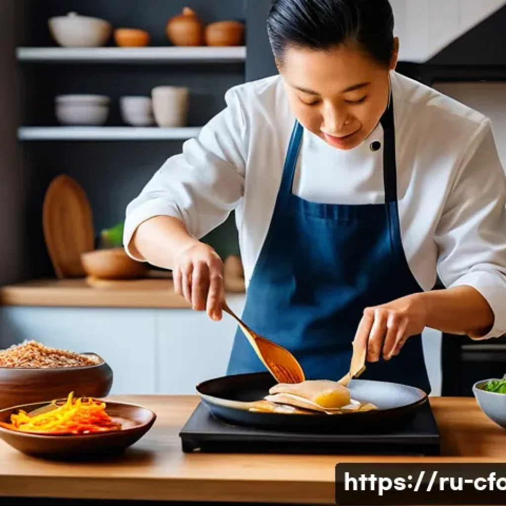 중식 밀키트 활용 요리 - A cozy home kitchen scene featuring a middle-aged person preparing Peking duck using a ready-to-cook...