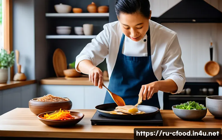 중식 밀키트 활용 요리 - A cozy home kitchen scene featuring a middle-aged person preparing Peking duck using a ready-to-cook...