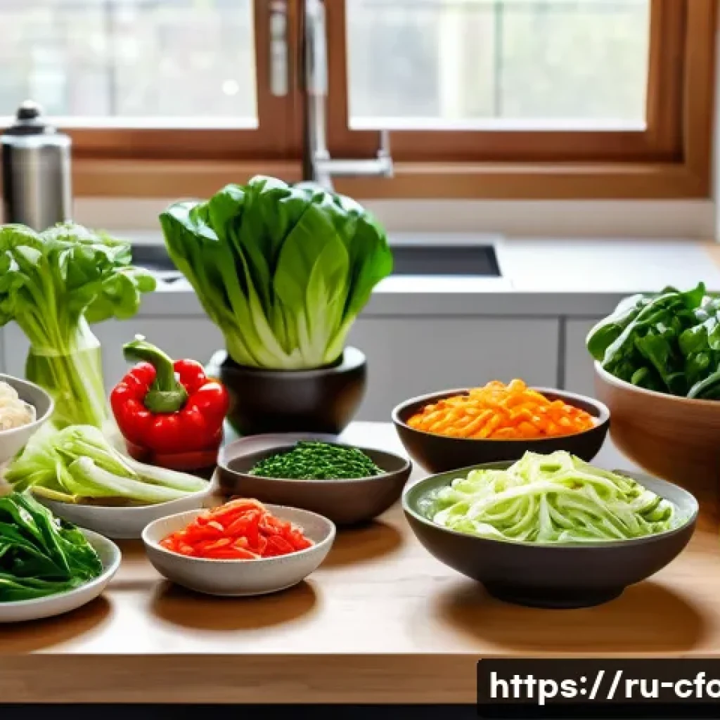 중식 요리 키트 구매 가이드 - A vibrant and detailed kitchen scene showcasing a variety of fresh Chinese cooking ingredients neatl...