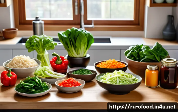 중식 요리 키트 구매 가이드 - A vibrant and detailed kitchen scene showcasing a variety of fresh Chinese cooking ingredients neatl...