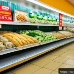 Home 18 중식 냉동만두 가격비교 - A vibrant and cozy Russian supermarket frozen food aisle featuring neatly stacked packages of popula...
