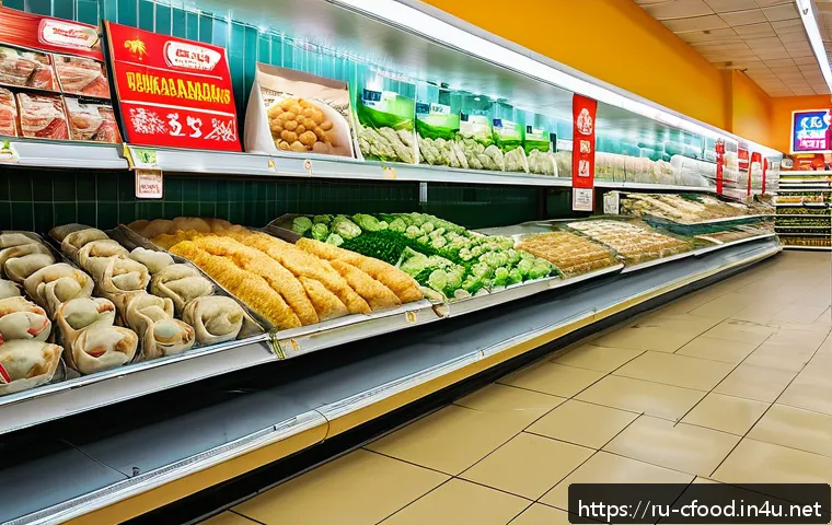 중식 냉동만두 가격비교 - A vibrant and cozy Russian supermarket frozen food aisle featuring neatly stacked packages of popula...