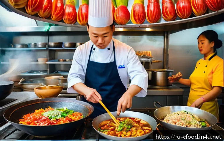 중식 길거리 음식 레시피 - A vibrant street food scene in a bustling Russian city market, featuring a Chinese wok station with ...