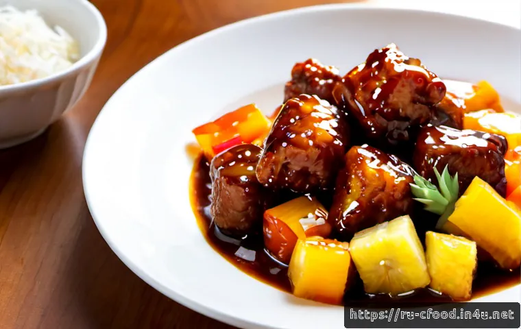 Home 17 중국집 탕수육 리뷰 - Photorealistic food review scene in a cozy Russian-Chinese restaurant, a generous plate of crispy sw...