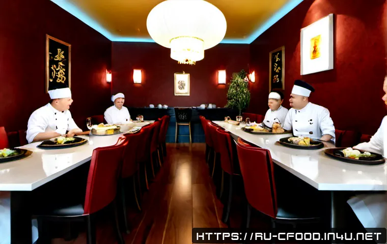 Home 17 중국 요리의 글로벌 경쟁력 - Photorealistic modern Chinese restaurant in Moscow, diverse Russian diners enjoying elegant shared d...