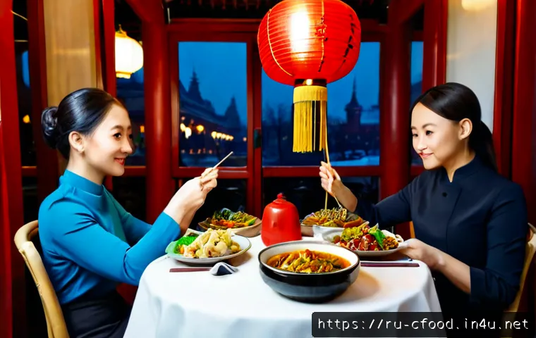 중국 요리의 세계화 - Photorealistic modern Chinese restaurant in Moscow, a diverse group of Russian friends sharing steam...
