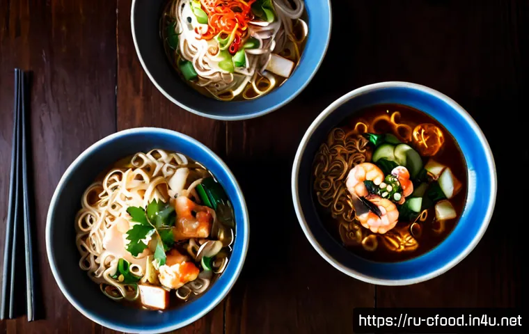 Home 17 중식 면요리의 종류 - Photorealistic overhead food photography of three distinct Chinese noodle dishes arranged on a dark ...